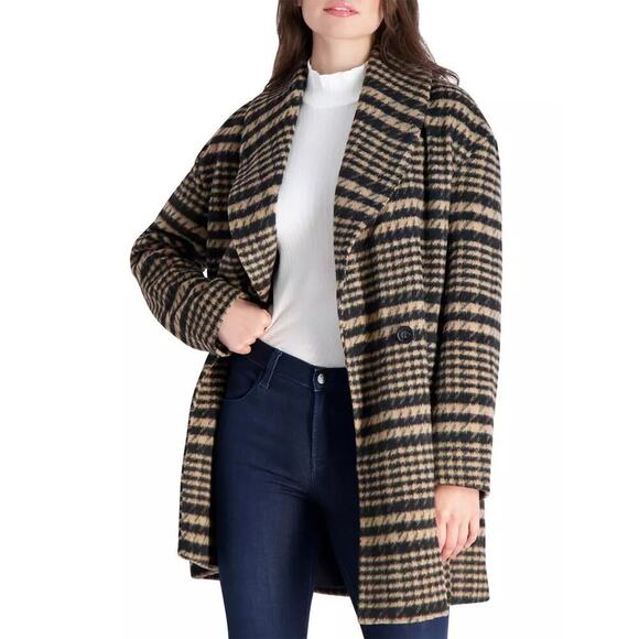 Avec Les Filles Women's Brushed Shawl Collar Houndstooth Plaid Jacket Black Tan - Picture 7 of 16